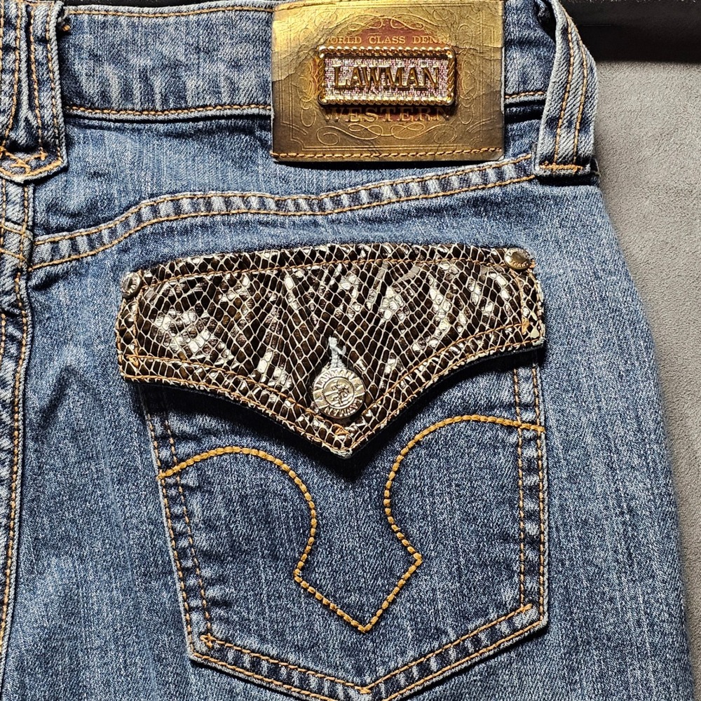 Lawman Western Womens Blue Snakeskin Trim Straight Leg Jeans Size 11 Medium Wash